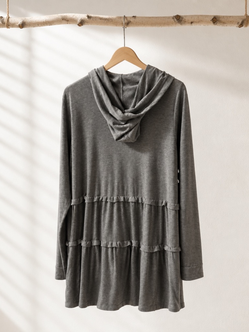 LOGO Lounge Women M Hooded Zip-Front tiered Ruffle Tunic - Gray - Picture 3 of 6
